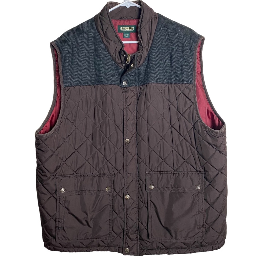 Men's Tweed Vest- Quilted Wool Blend Yoke, Pockets, Warm, Puffer, collar